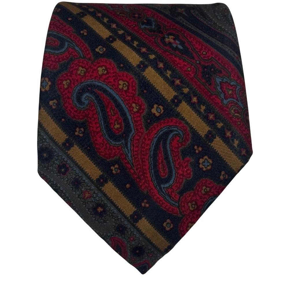 Barneys New York Necktie Dark Romantic Red Navy Gold's Silk Paisley Striped